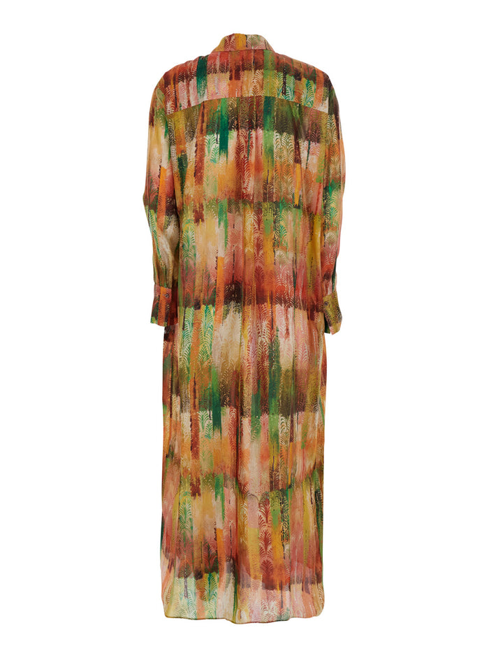 JAU DRESS - Long Multicolored with V-Neck Silk Women Multicolor