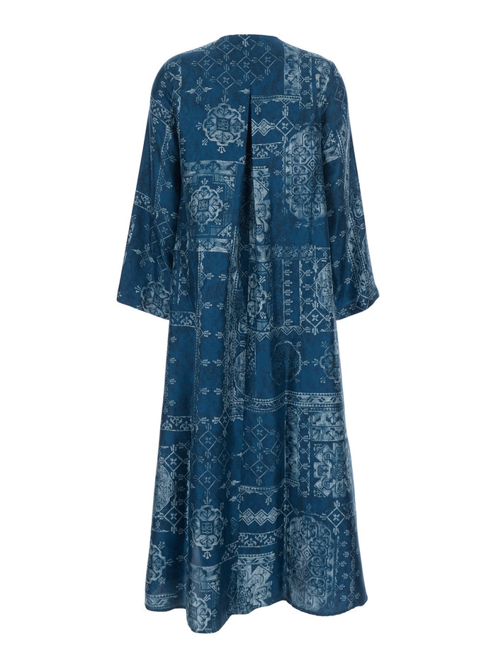 Long Dress Garcia with V-Neck and All-Over Print in Blue Silk for Women Blu