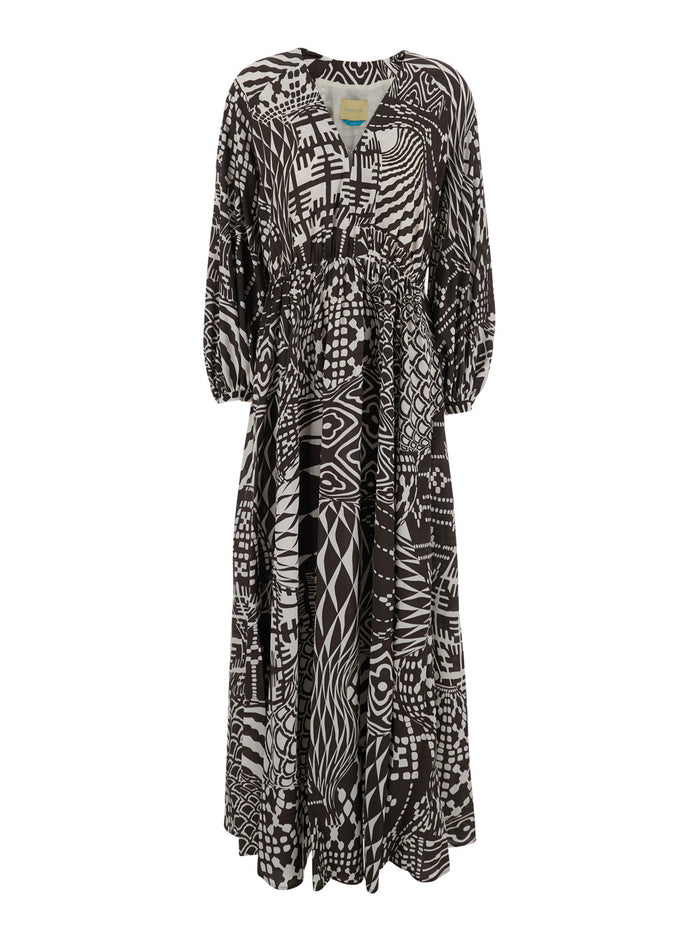 Dress Francisco Silk With V-Neck And All-Over Geometric Motif Brown Women