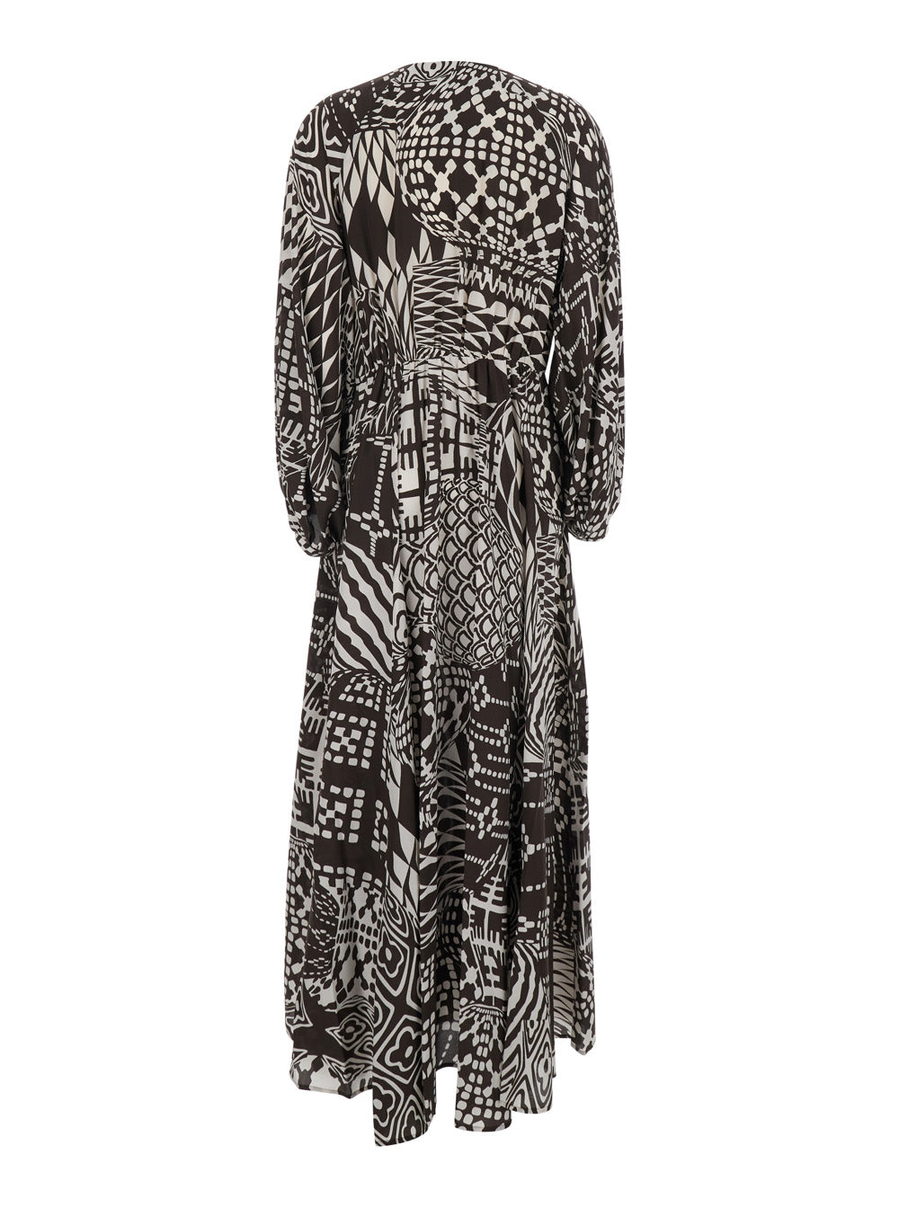 Dress Francisco Silk With V-Neck And All-Over Geometric Motif Brown Women