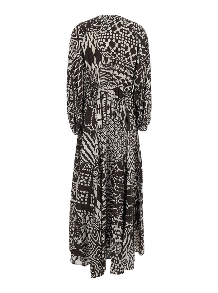 Dress Francisco Silk With V-Neck And All-Over Geometric Motif Brown Women