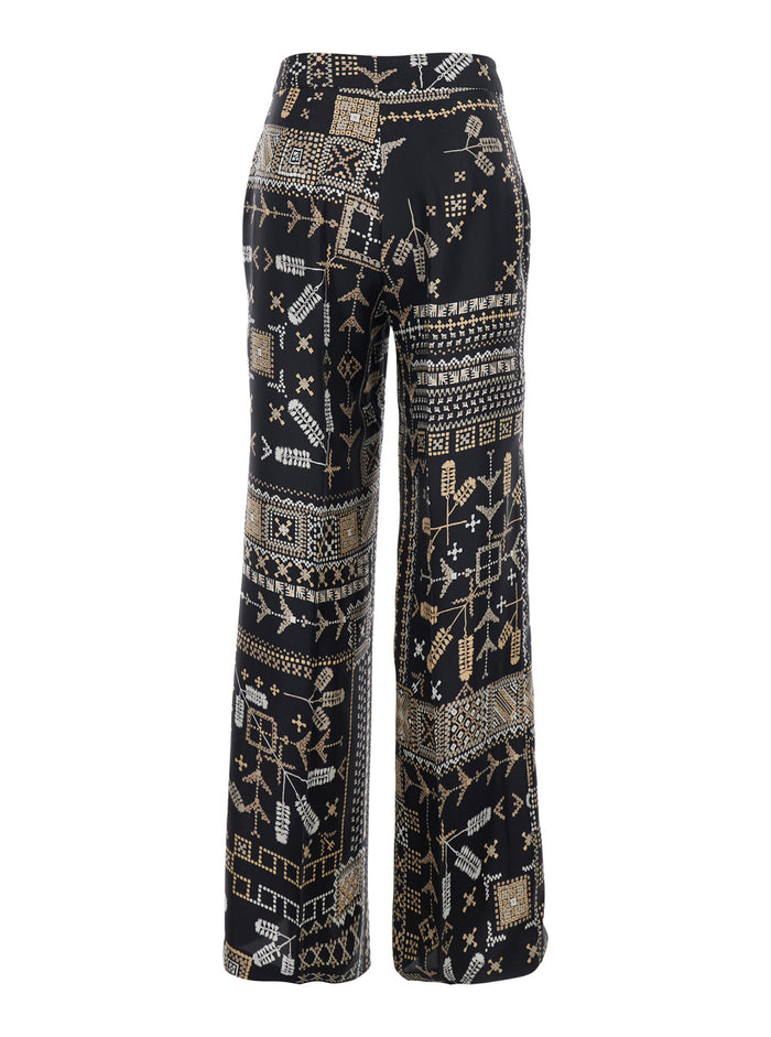 Misaki Silk Pants with All-Over Multicolor Geometric Print for Women Trousers