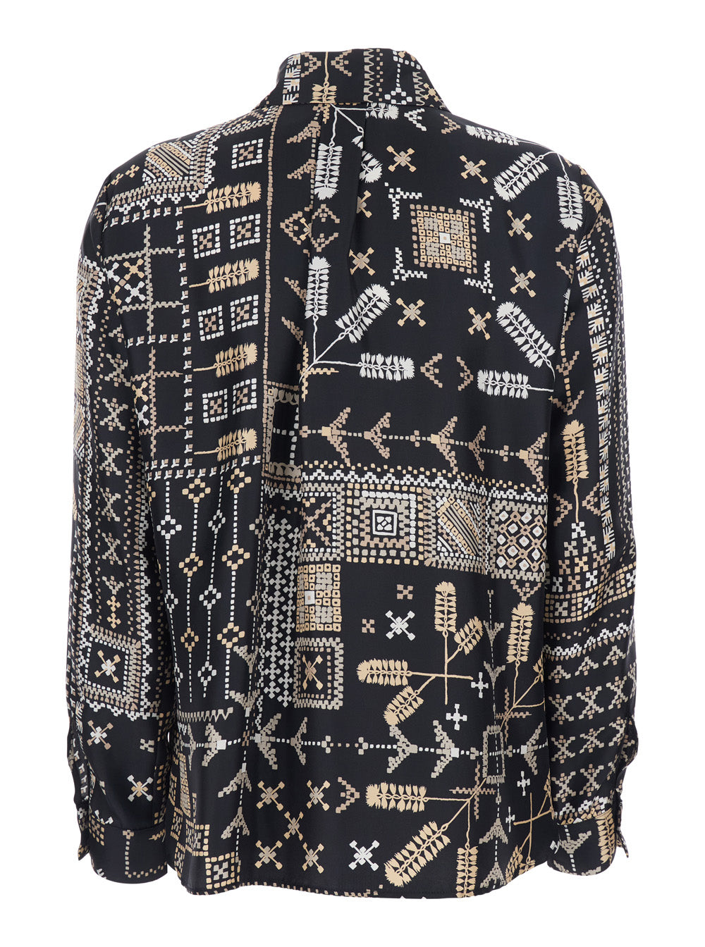 Black Silk Shirt with Pointed Collar and All-Over Print for Women Blouses