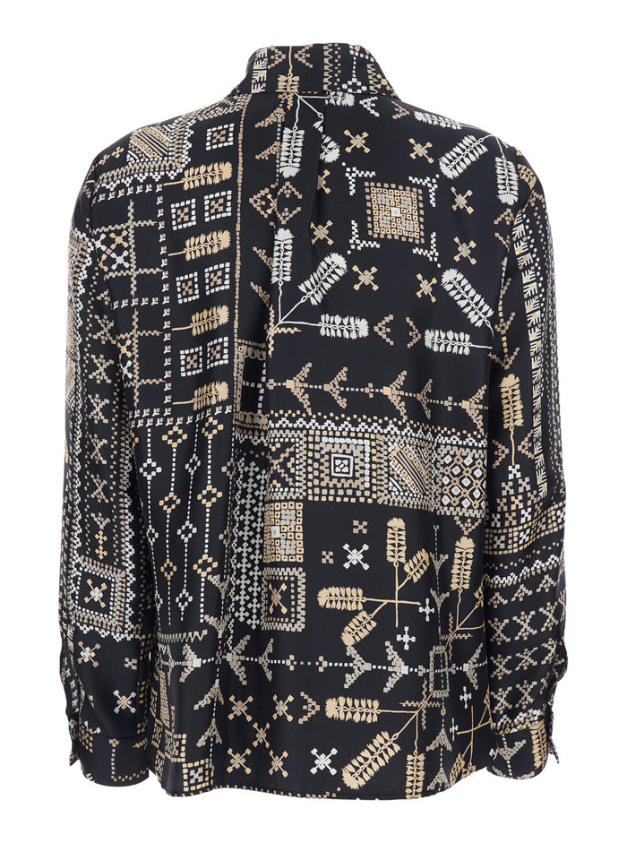 Black Silk Shirt with Pointed Collar and All-Over Print for Women Blouses