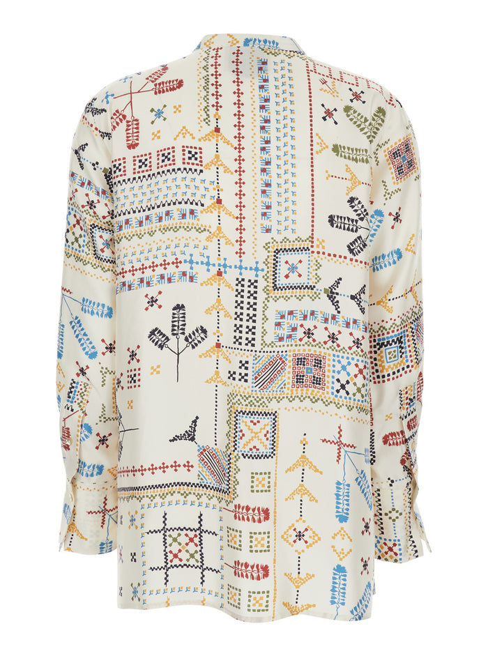Shirt with Raised Collar and All-Over Multicolor Print for Women Silk Blouses