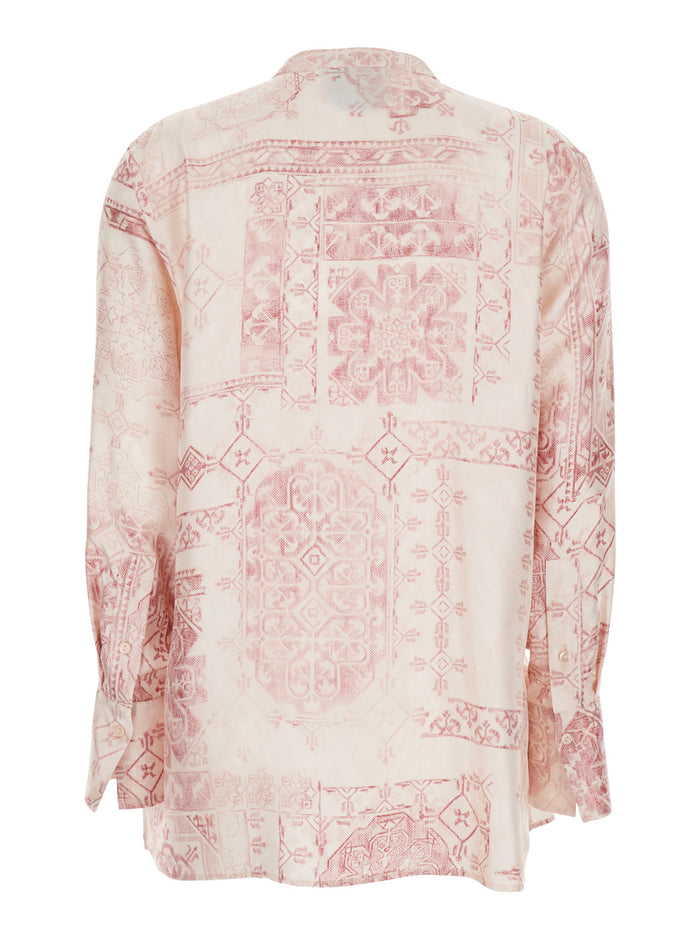 Shirt with Raised Collar and All-Over Print in Pink Silk for Women Blouses
