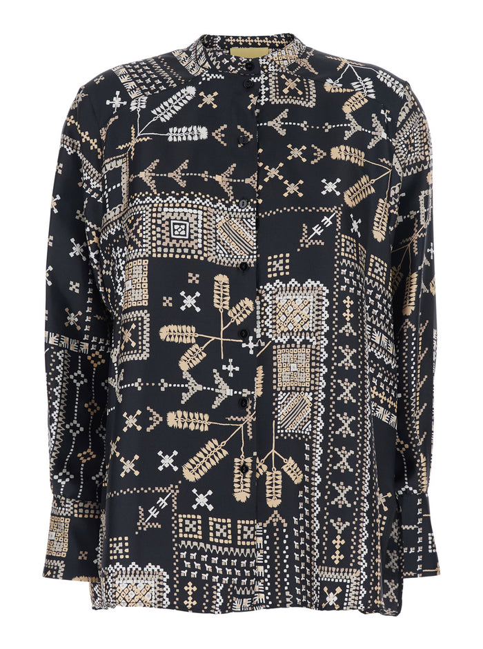 Black Silk Shirt with Raised Collar and All-Over Print for Women Multicolor Blouses