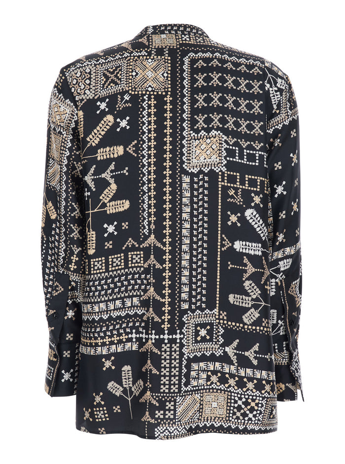 Black Silk Shirt with Raised Collar and All-Over Print for Women Multicolor Blouses