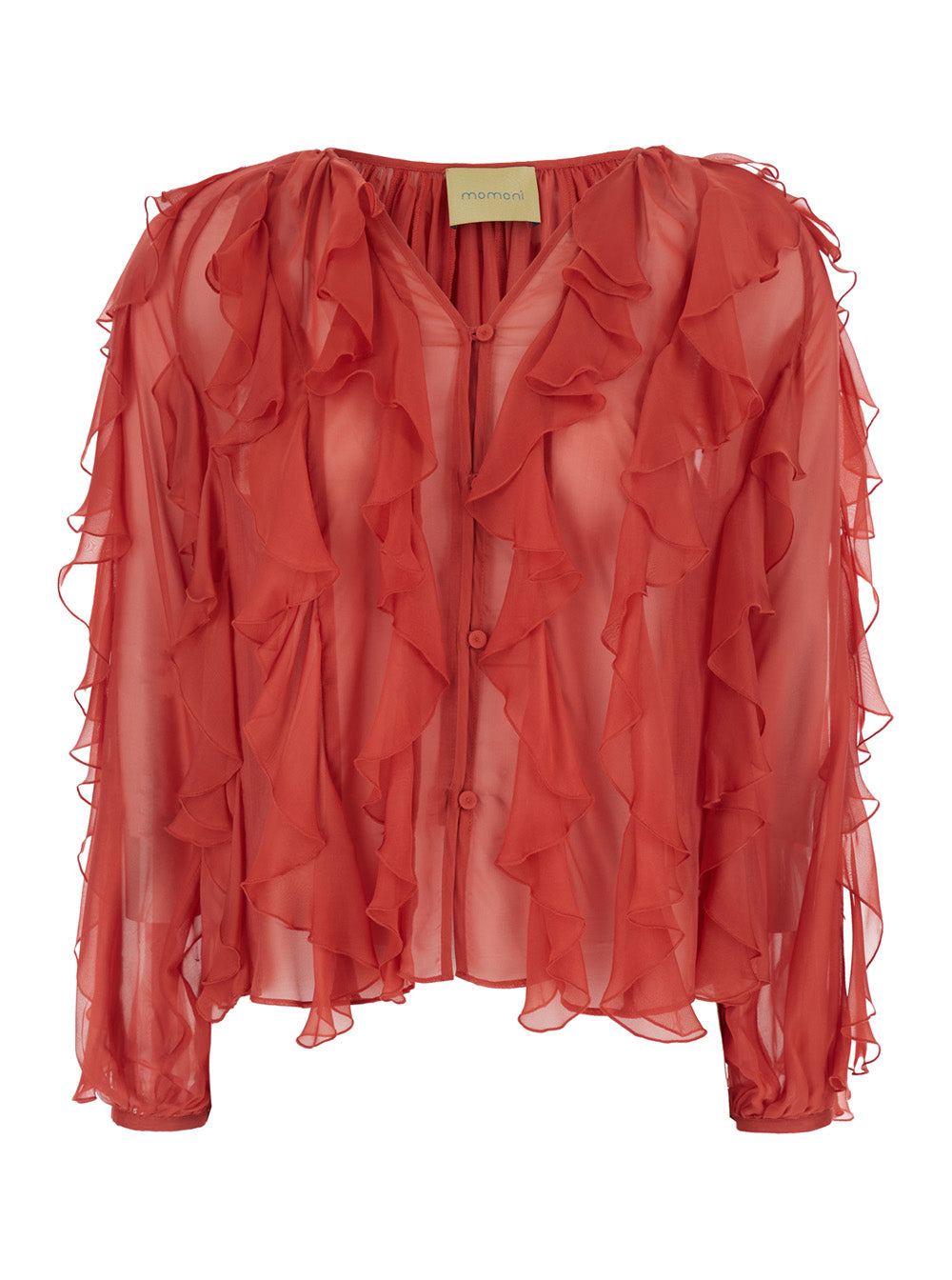 Blouse Canela with V-Neck and Ruches Design in Red Viscose Silk for Women Shirts Blouses