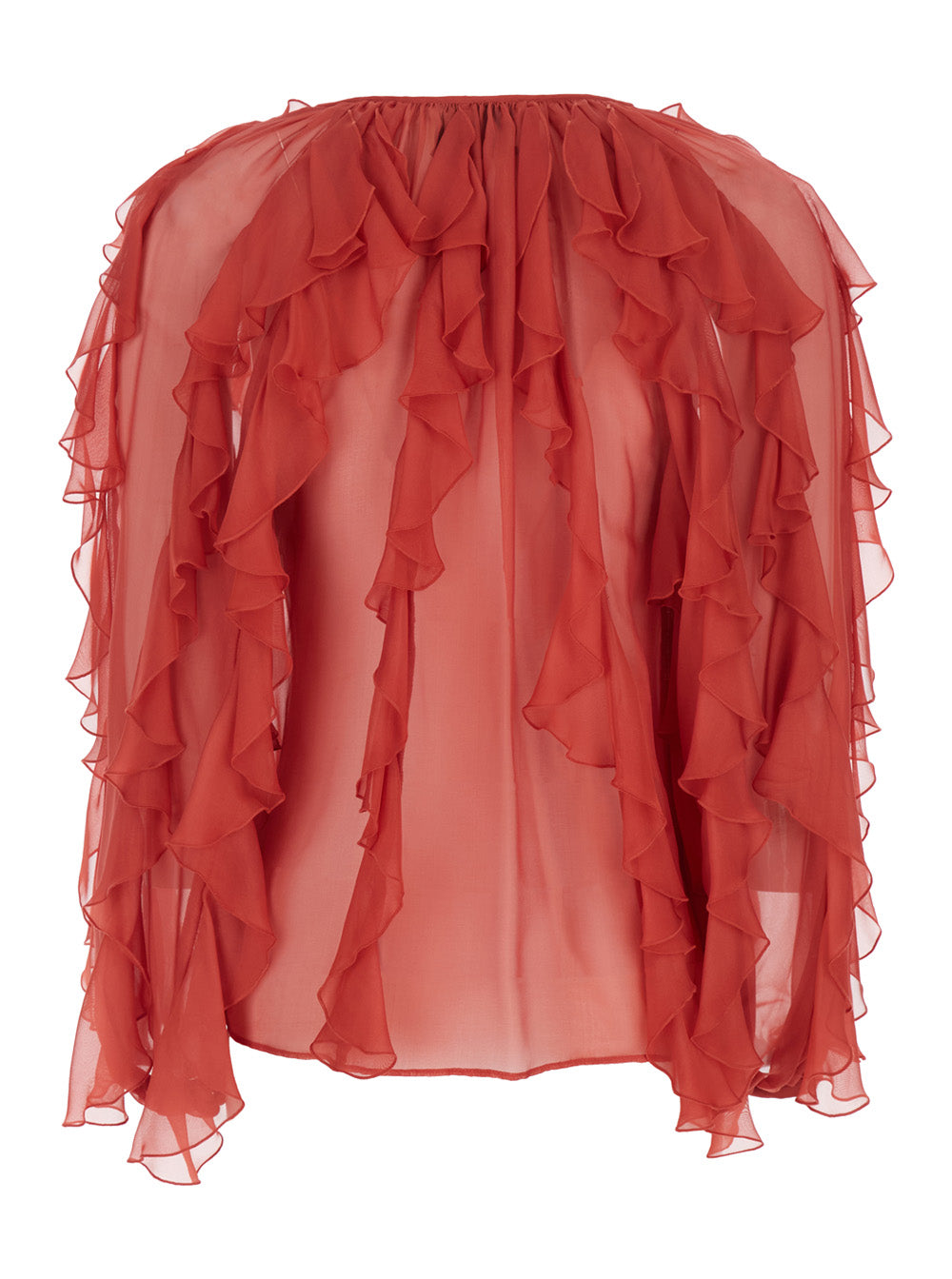 Blouse Canela with V-Neck and Ruches Design in Red Viscose Silk for Women Shirts Blouses