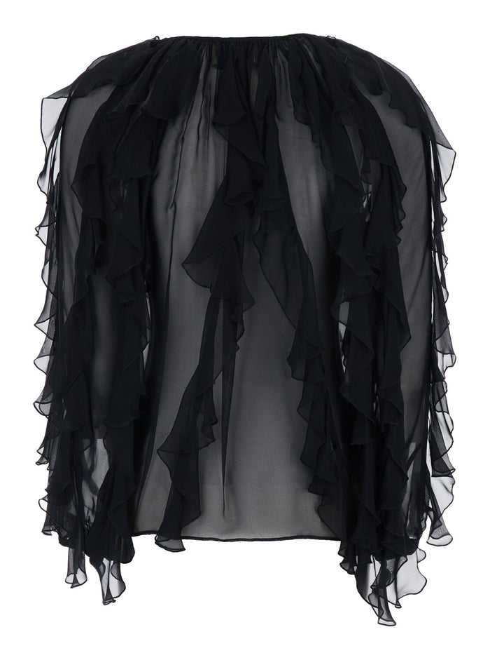 Blouse Canela with V-Neck and Ruches Design in Black Viscose Silk for Women Shirts Blouses