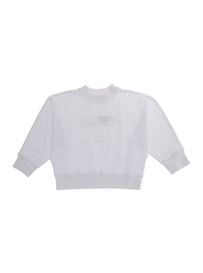 White Cotton Stretch Crewneck Sweatshirt with Logo Lettering for Girls Elastane Sweatshirts