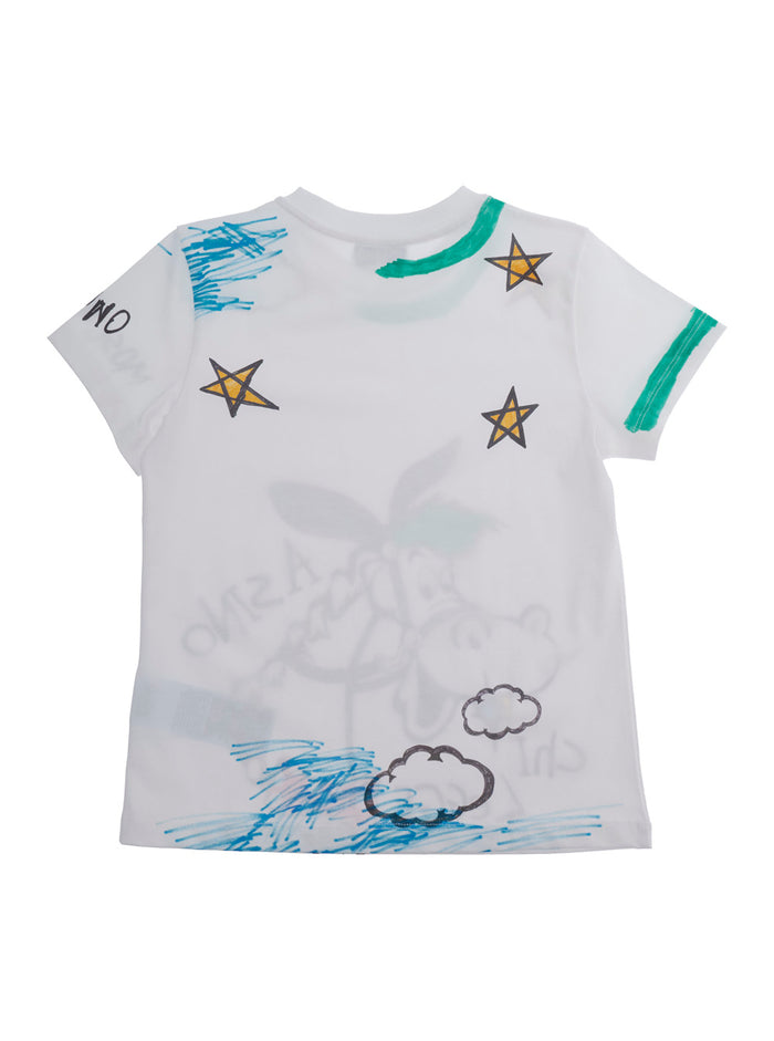White Cotton Crew Neck T-Shirt with All-Over Print for Kids Tshirts And Polo Shirts