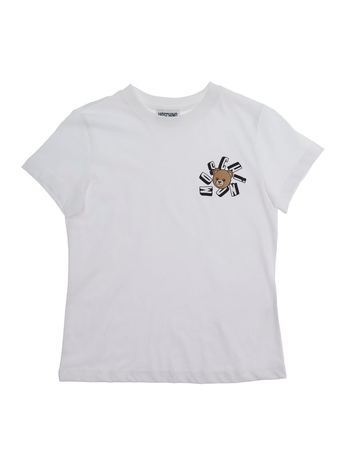 Crew Neck T-Shirt with Logo Print on Front in White Cotton for Kids Tshirts And Polo Shirts