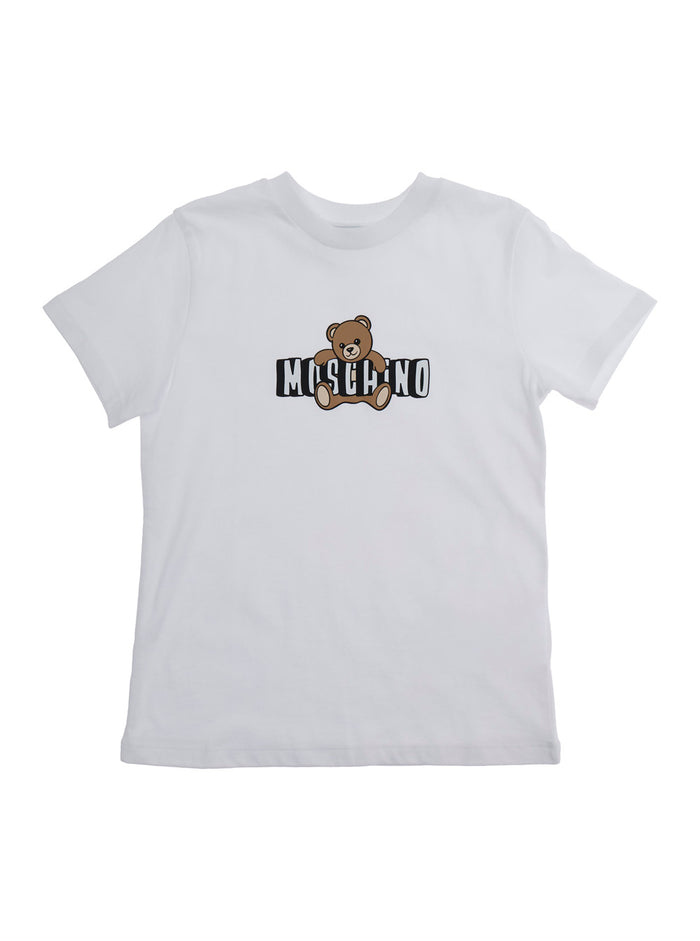 Crew Neck T-Shirt MOSCHINO KIDS with Logo Print on Front in White Cotton for Tshirts And Polo Shirts