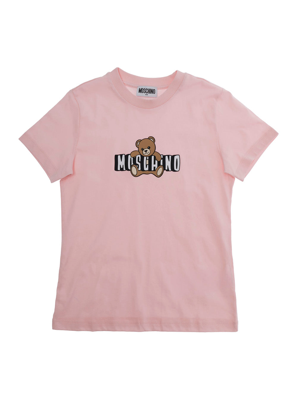 Crew Neck T-Shirt with Logo Print on the Front in Pink Cotton for Kids Tshirts And Polo Shirts