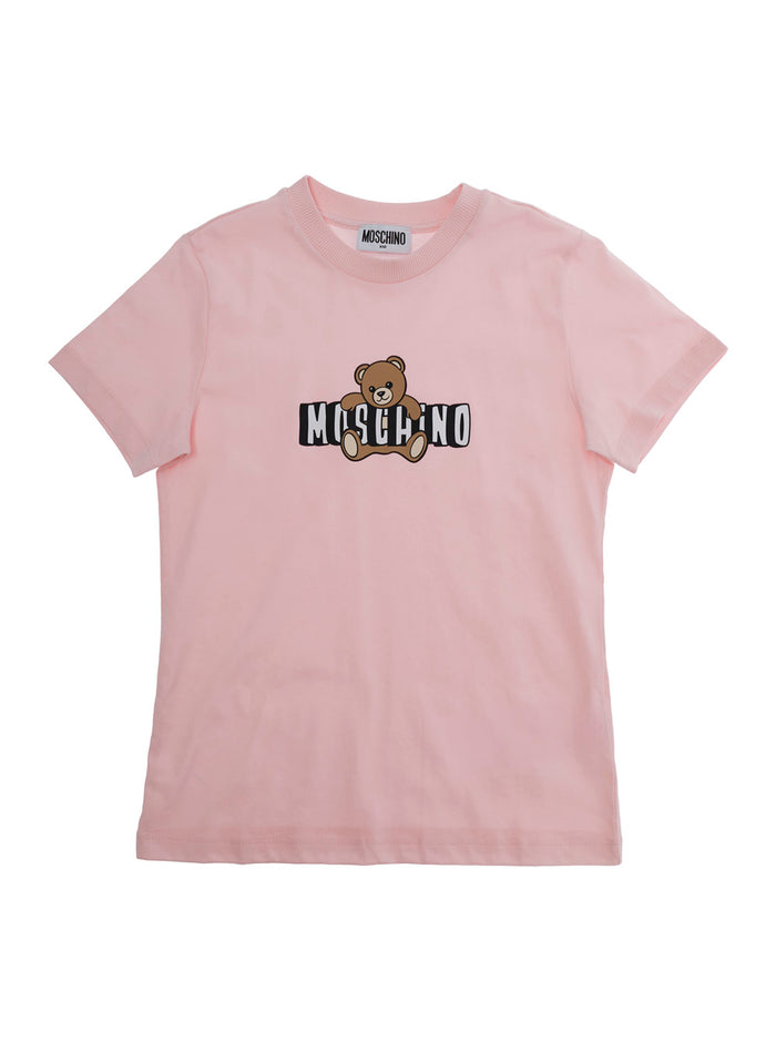 Crew Neck T-Shirt with Logo Print on the Front in Pink Cotton for Kids Tshirts And Polo Shirts