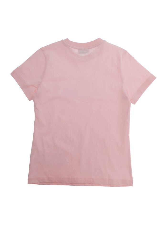 Crew Neck T-Shirt with Logo Print on the Front in Pink Cotton for Kids Tshirts And Polo Shirts