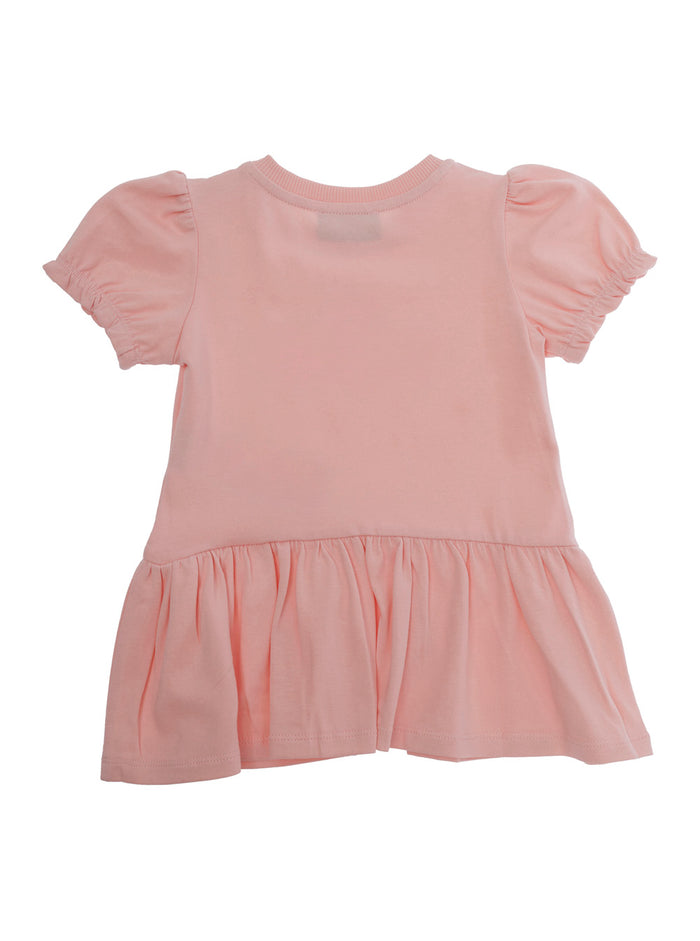 Moschino Crew Neck Dress with Elasticated Hems and Logo Print on Front in Baby Pink Cotton Elastane