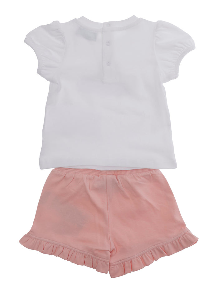 White and Pink T-Shirt Shorts Set with Logo on the Front in Cotton Stretch Baby Elastane Suits