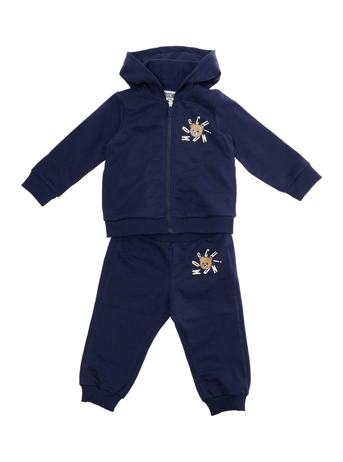 Blue Tracksuit with Fixed Hood and Front Print in Baby Cotton Blu Suits