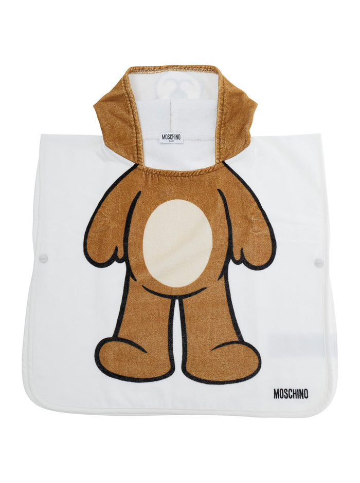 Poncho Towel with graphic details and hood in White Cotton for Kids Bathrobes