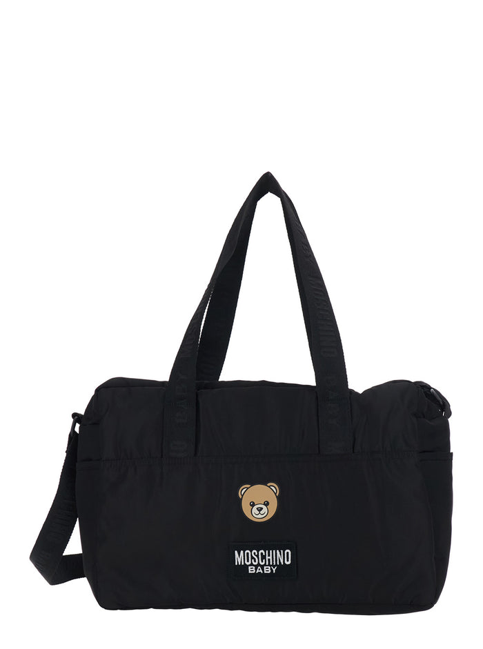 Teddy Bear Diaper Bag with Front Print in Black Tech Fabric for Women Polyamide Crossbody