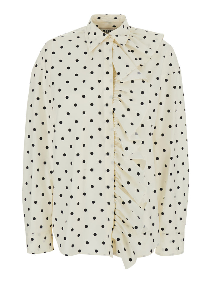 Shirt Pois Rouche White With Ruffles And Dots Cotton For Women Blouses