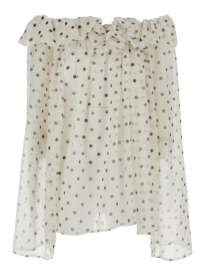 Pois Top White With Polka Dot Details Tech Fabric For Women Polyester Tops