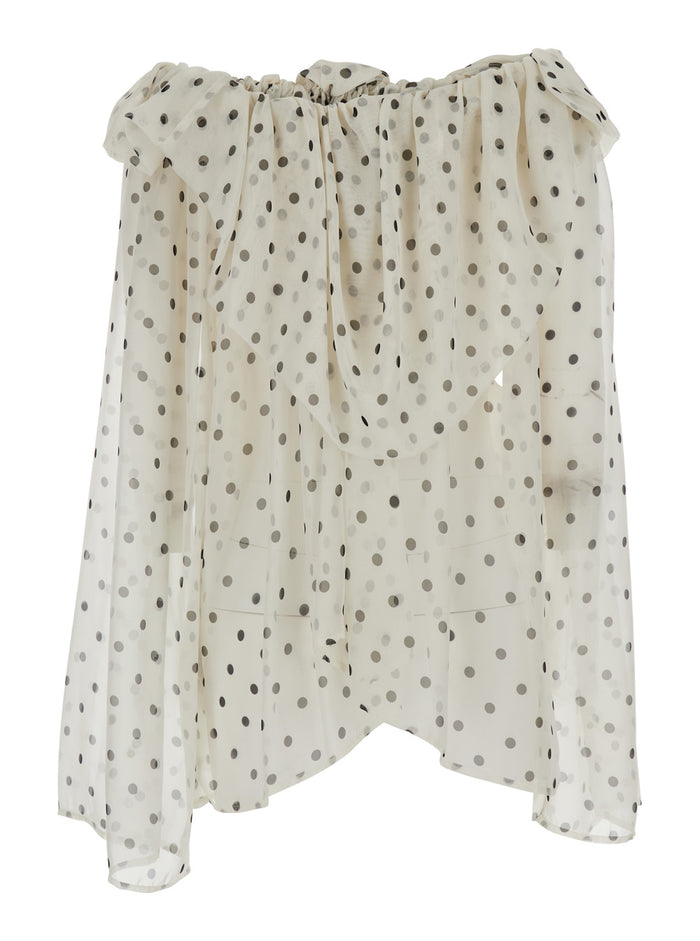 Pois Top White With Polka Dot Details Tech Fabric For Women Polyester Tops