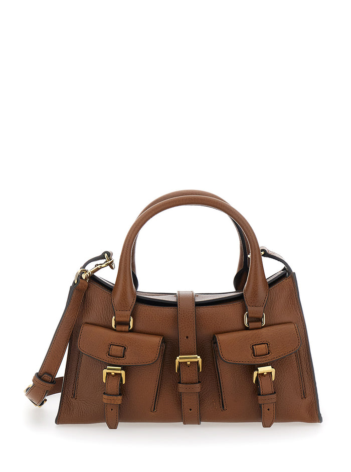 Small Roxanne Handbag with Adjustable and Removable Shoulder Strap Two Front Pockets in Brown Leather for Women Calf Hand Bags