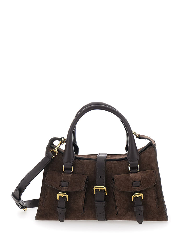 Small Roxanne Handbag with Adjustable and Removable Shoulder Strap Two Front Pockets in Brown Suede for Women Calf Hand Bags