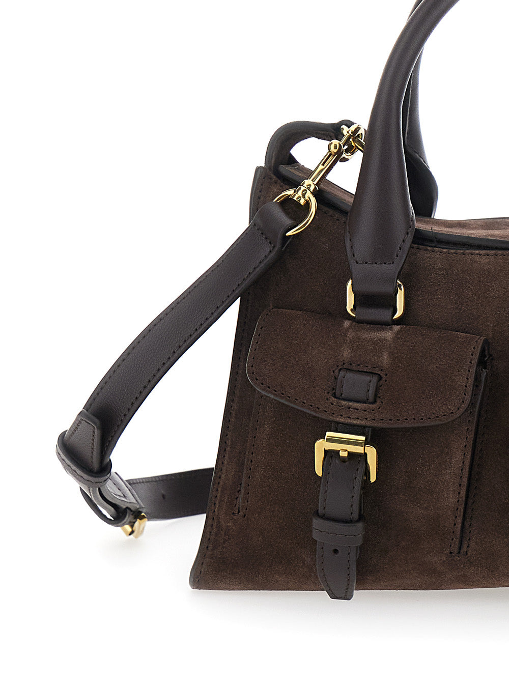 Small Roxanne Handbag with Adjustable and Removable Shoulder Strap Two Front Pockets in Brown Suede for Women Calf Hand Bags