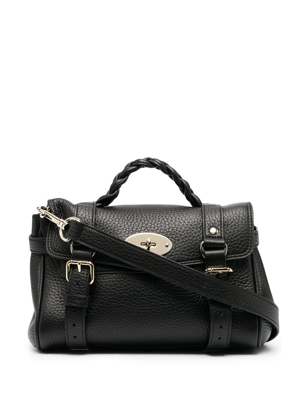 Handbag Alexa Mini with Adjustable Shoulder Strap and Woven Handle in Black Pebbled Leather for Women Calf Hand Bags