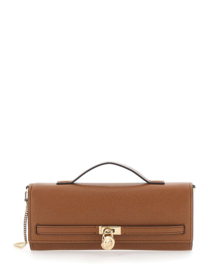 Clutch Hamilton Moderne with Lock Detail on the Front in Brown Hammered Leather for Women Cow Clutches And Pochettes