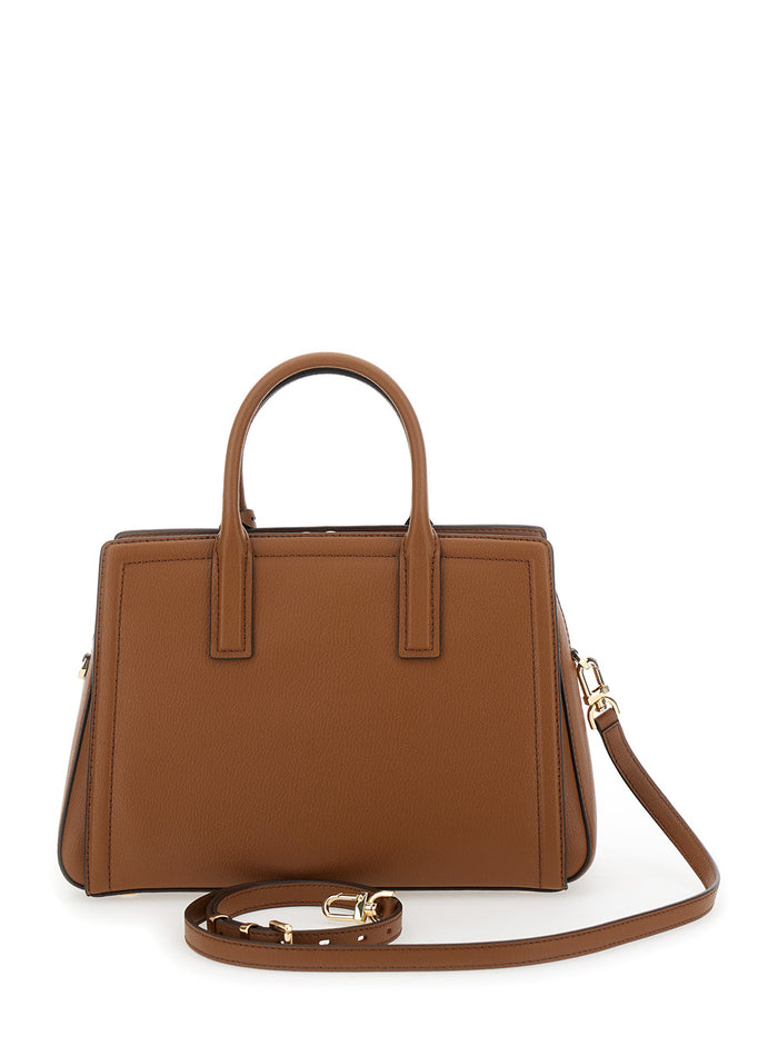 Brown Handbag with Metallic Lettering Logo and Pendant on the Front in Leather Woman Cow Hand Bags