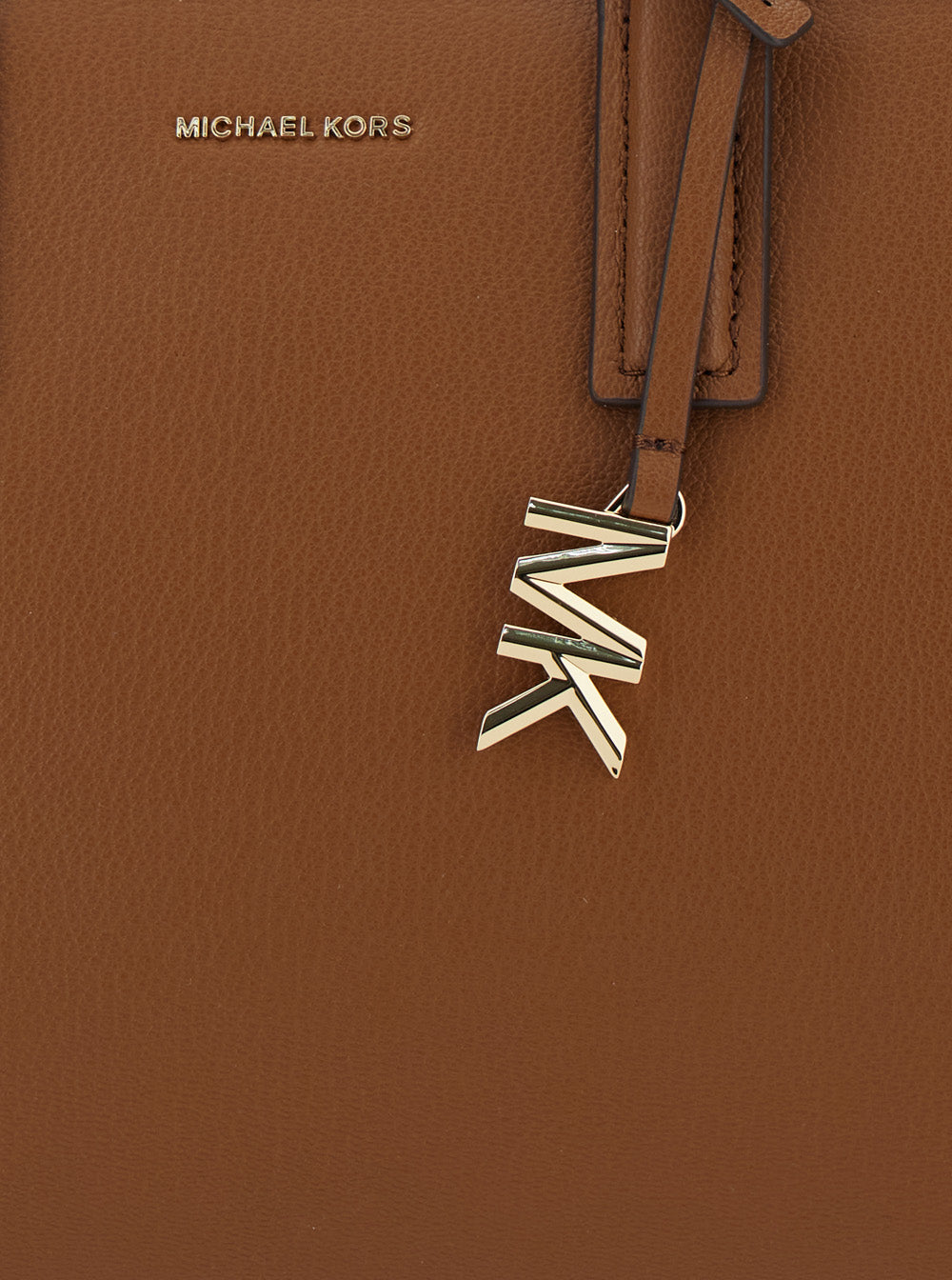 Brown Handbag with Metallic Lettering Logo and Pendant on the Front in Leather Woman Cow Hand Bags