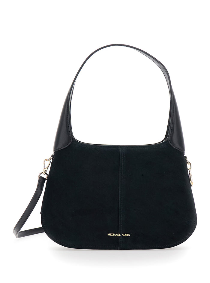 Shoulder Bag Alice with Removable Strap and Lettering Logo on Front in Black Suede for Women Cow Leather
