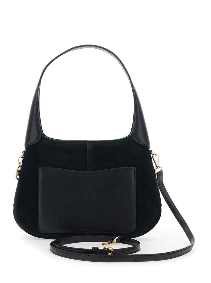 Shoulder Bag Alice with Removable Strap and Lettering Logo on Front in Black Suede for Women Cow Leather