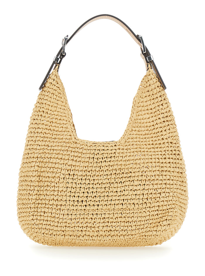 Small Shoulder Bag Nolita with Leather Logo on Front and Raffia Weave Design Beige Women Polypropylene