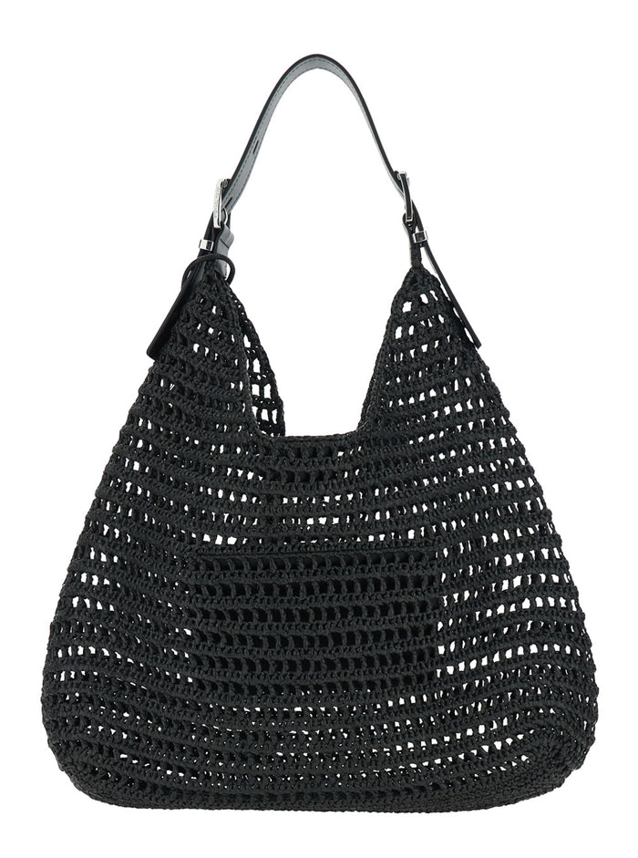 Large Shoulder Bag with Top Handle in Black Raffia Weave for Women Polypropylene