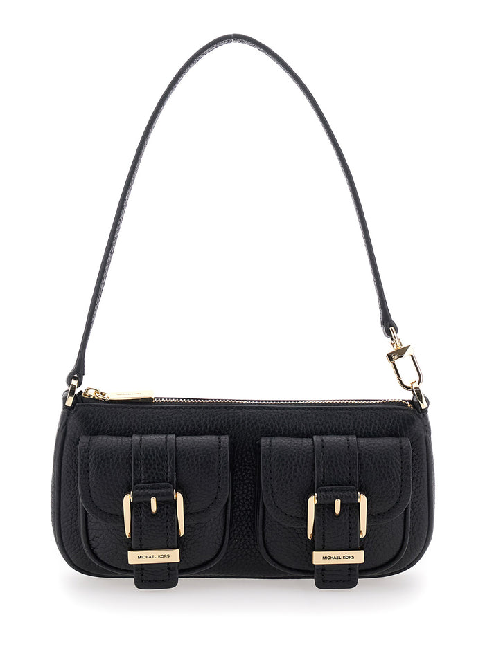 Shoulder Bag Zoe with Pockets and Straps on the Front in Black Crinkled Leather for Women Cow