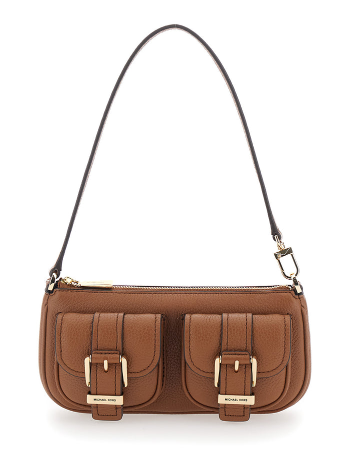 Shoulder Bag Zoe with Pockets and Straps on the Front in Brown Hammered Leather for Women Cow