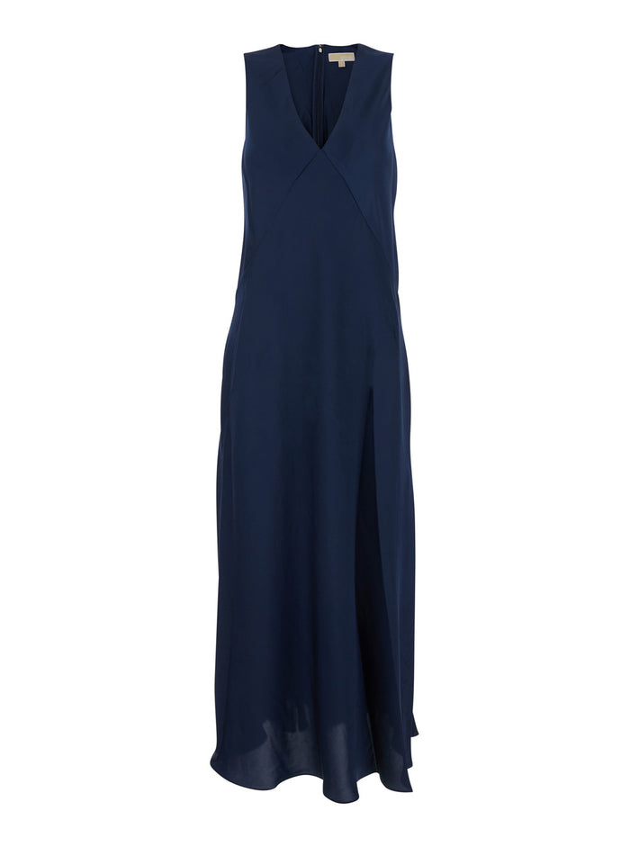 Long Dress Sleeveless with V-Neck and Zip Closure at the Back in Blue Tech Fabric for Women Blu Recycled Polyester