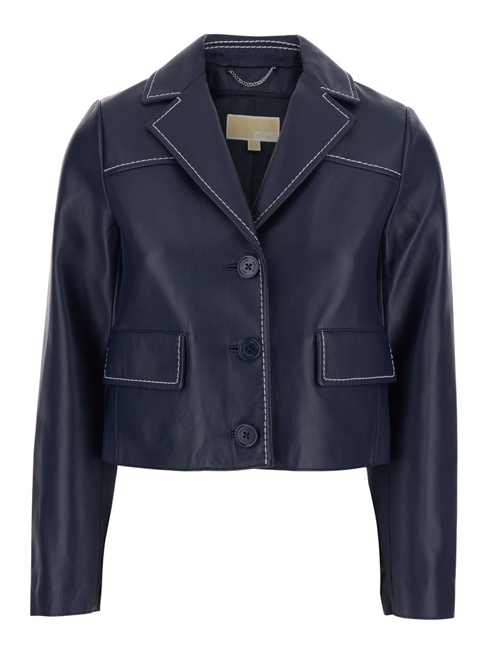 Blue Jacket with Notched Revers and Contrast Stitching for Women Blu Lamb Blazers