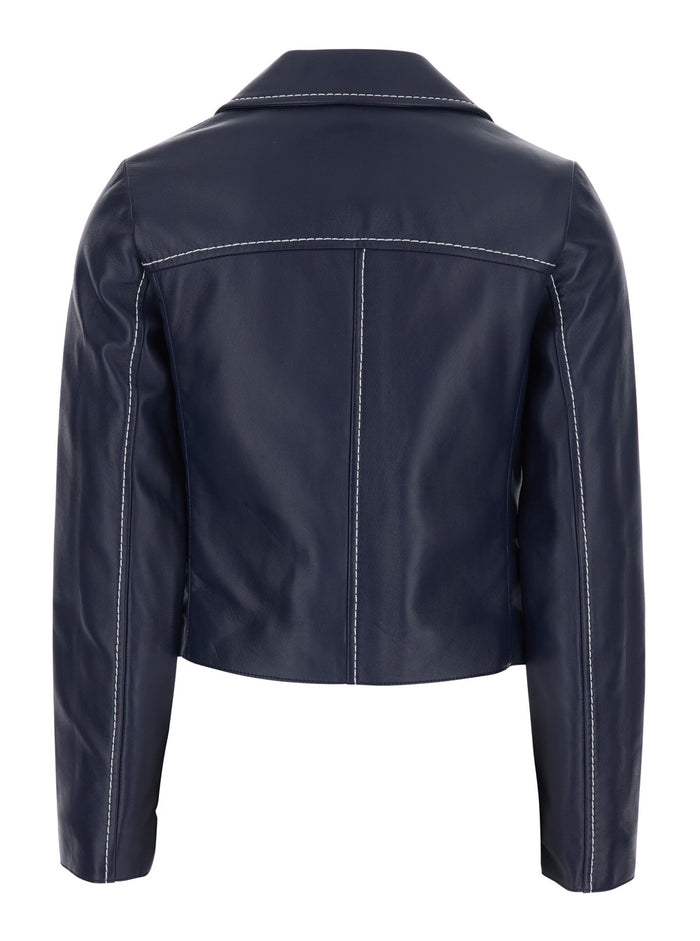 Blue Jacket with Notched Revers and Contrast Stitching for Women Blu Lamb Blazers