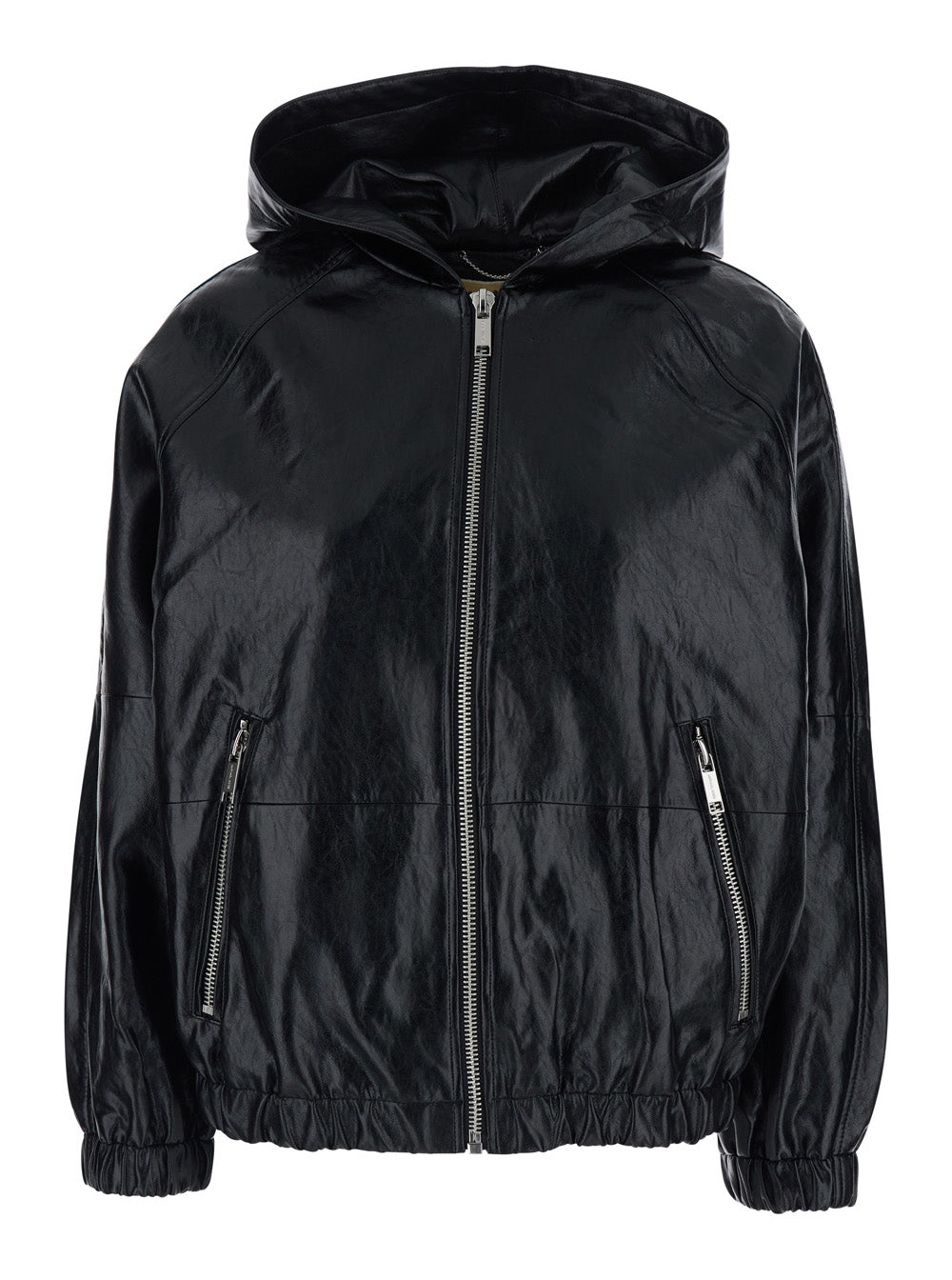 Black Ecoleather Hooded Jacket with Elasticized Finishes for Women Outerwear