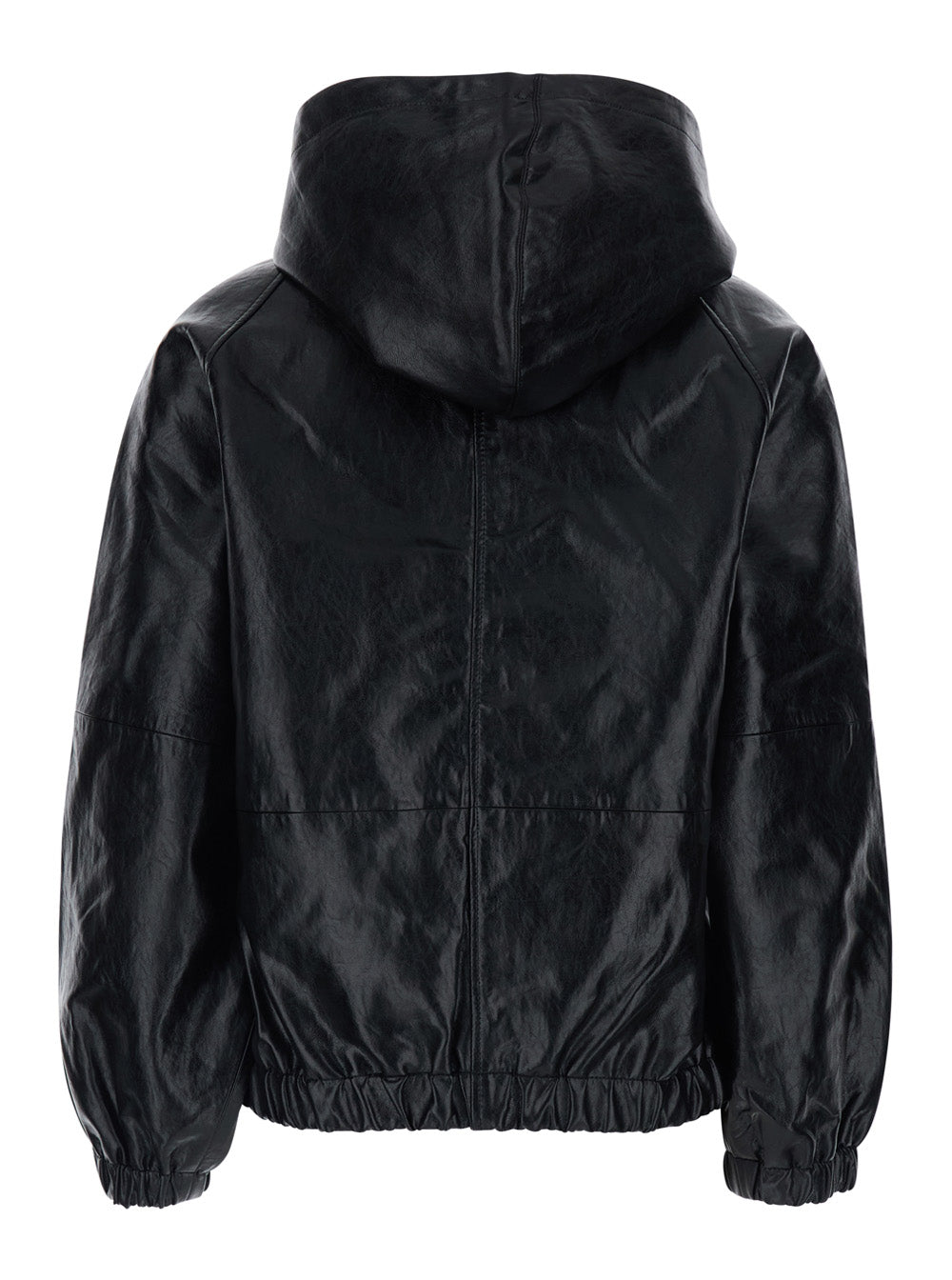 Black Ecoleather Hooded Jacket with Elasticized Finishes for Women Outerwear
