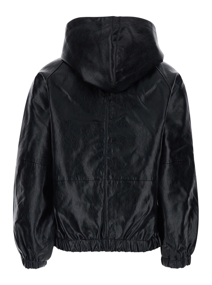 Black Ecoleather Hooded Jacket with Elasticized Finishes for Women Outerwear