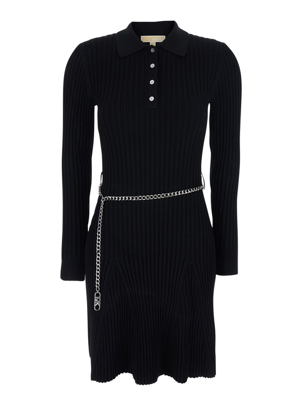 Flared Dress With Polo Collar, Black Viscose Recycled
